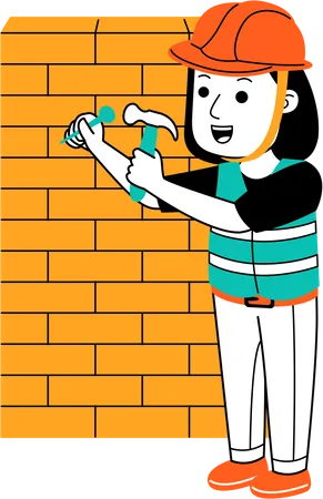 Woman fixing nail in bricks wall  Illustration