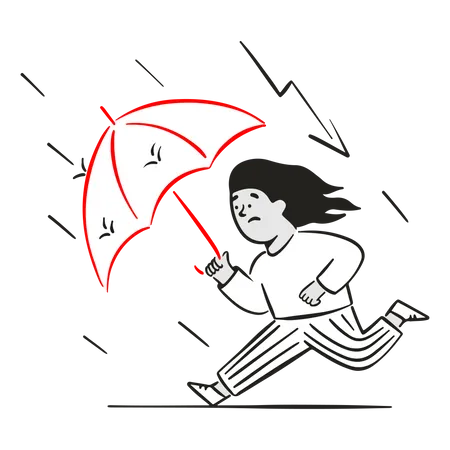Woman fleeing thunderstorm with umbrella Illustration