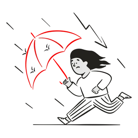 Woman fleeing thunderstorm with umbrella  Illustration