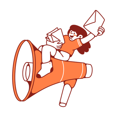 Woman flies big loudspeaker with notifications  Illustration