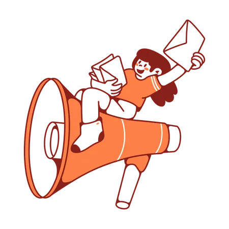 Woman flies big loudspeaker with notifications  Illustration