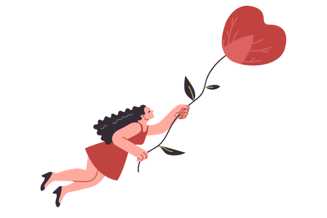 Woman flies in heart shaped hot air balloon experiencing joy after receiving declaration of love  Illustration