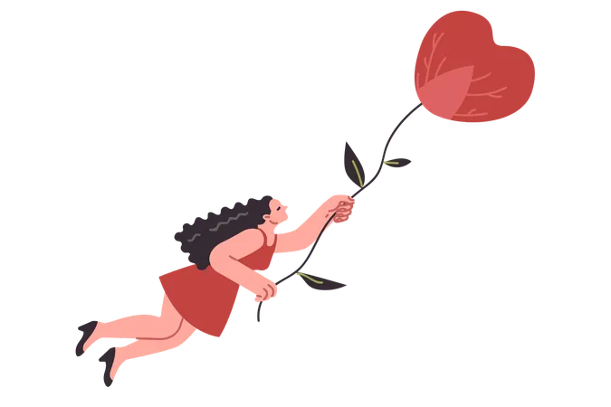 Woman Flies In Heart Shaped Hot Air Balloon Experiencing Joy And Euphoria After Receiving Declaration Of Love From Boyfriend Girl Hovering In Sky For Concept Heart Disease Problems Illustration