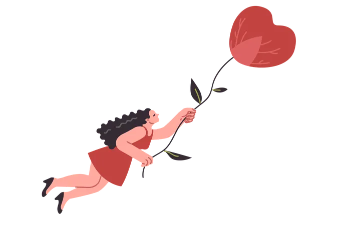 Woman flies in heart shaped hot air balloon experiencing joy after receiving declaration of love  Illustration