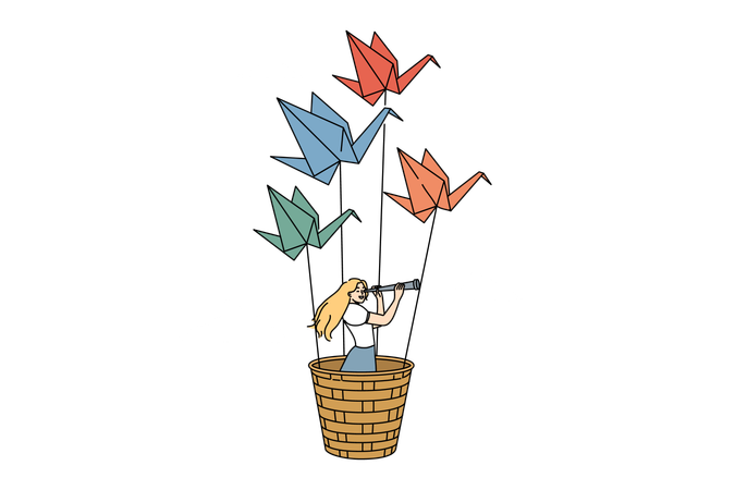 Woman flies in paper plane parachute  Illustration