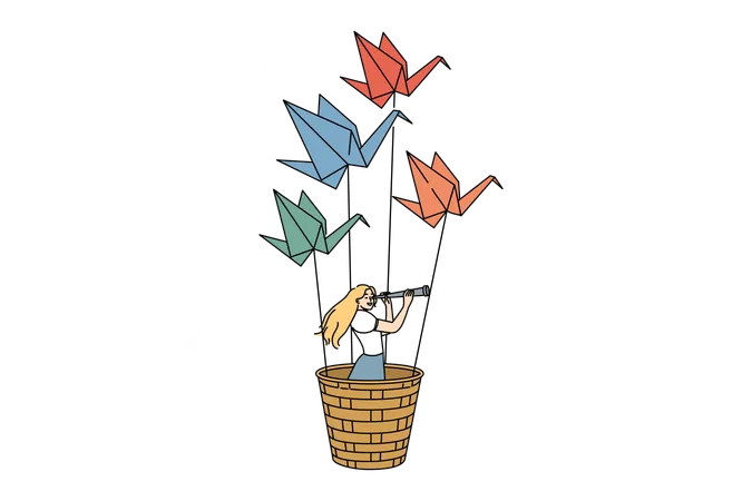 Woman flies in paper plane parachute  Illustration