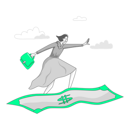 Woman flies on a bill of money to the office  Illustration