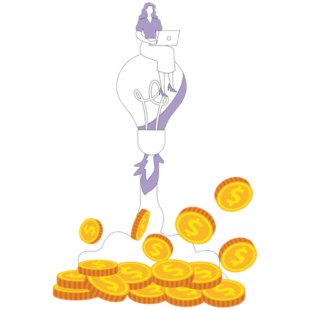 Woman flies on light bulb rocket  Illustration