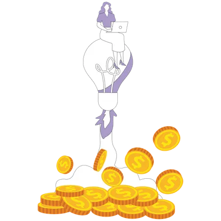 Woman flies on light bulb rocket  Illustration