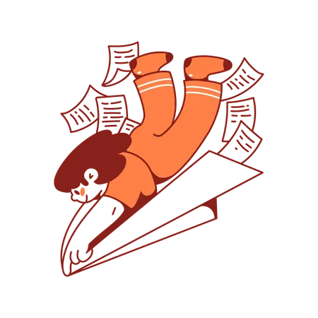 Woman flies paper plane with files  Illustration