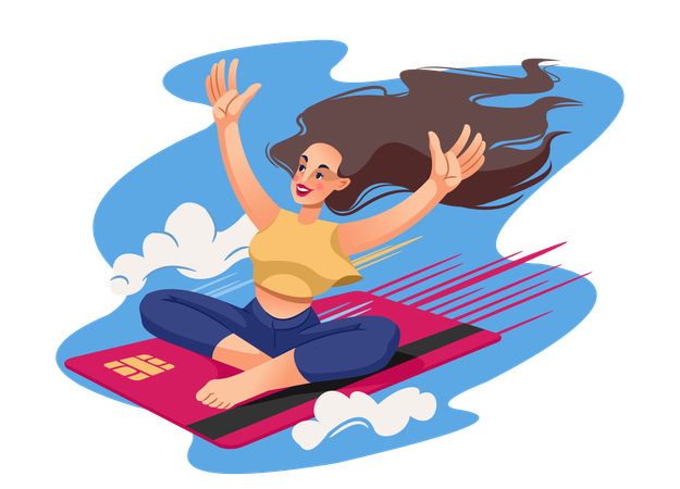 Woman flies through sky on plastic credit card enjoying ease of making cashless payments  Illustration