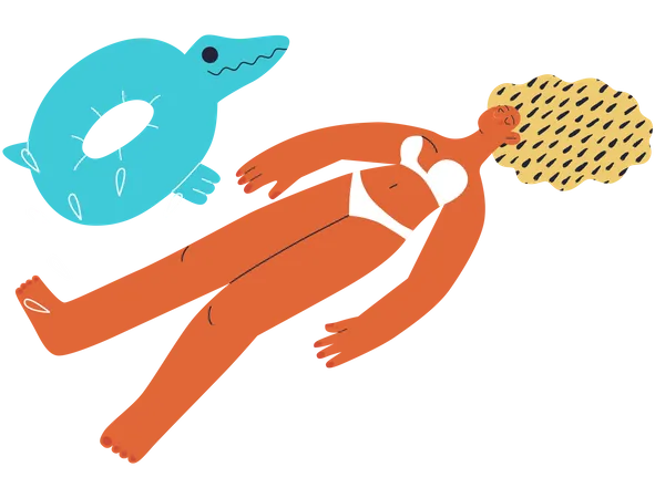 Beach Resort Activities Modern Outlined Flat Vector Concept Illustration Of A Young Woman Wearing Bikini Swimsuit Swimming In Pool With A Crocodaile Rubber Ring Illustration