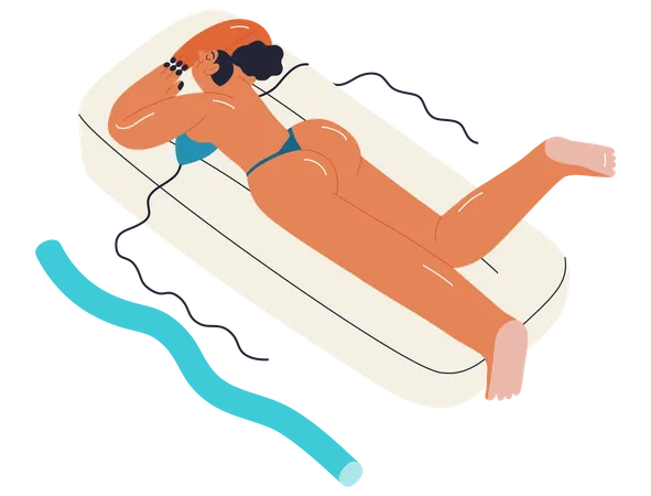 Beach Resort Activities Modern Outlined Flat Vector Concept Illustration Of A Young Woman Wearing Bikini Swimsuit Swimming In Pool On Inflatable Mattress With Noodle Floaty Illustration