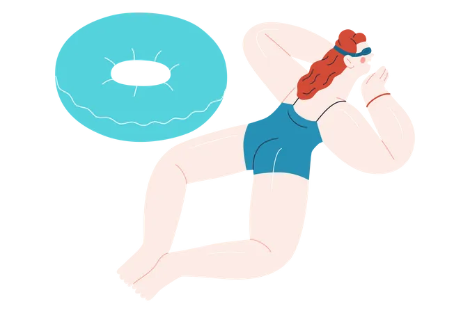 Beach Resort Activities Modern Outlined Flat Vector Concept Illustration Of A Woman Wearing Swimsuit Swimming In Pool With Rubber Ring Illustration