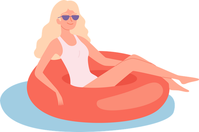 Woman Floating In Swimming with Ring Illustration