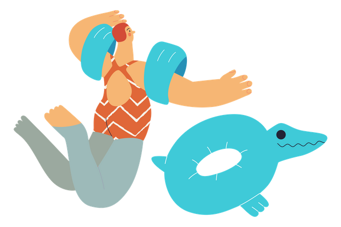 Woman Floating In Swimming with Swimming Ring  Illustration