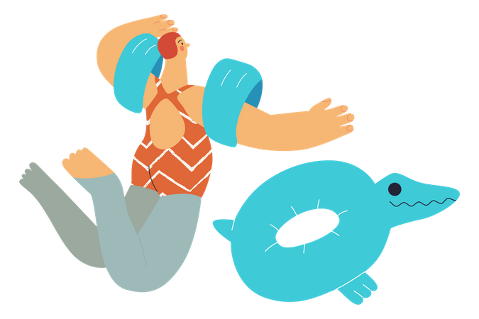 Woman Floating In Swimming with Swimming Ring Illustration