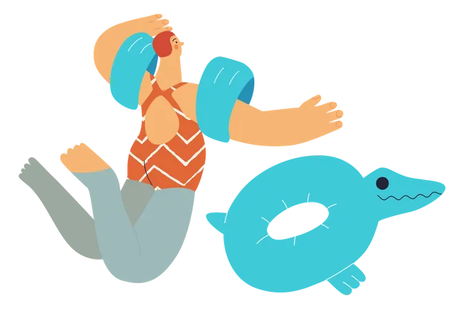 Beach Resort Activities Modern Outlined Flat Vector Concept Illustration Of A Young Woman Wearing Bikini Swimsuit Swimming In Pool With A Crocodile Rubber Ring And Floaties Illustration