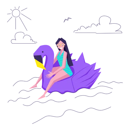 Woman floating on rubber duck Illustration