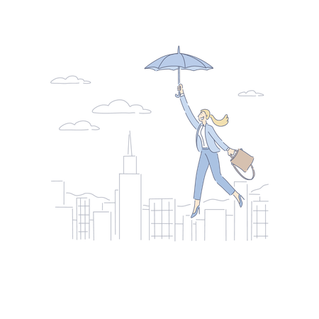 Woman Floating On Umbrella Over City  Illustration