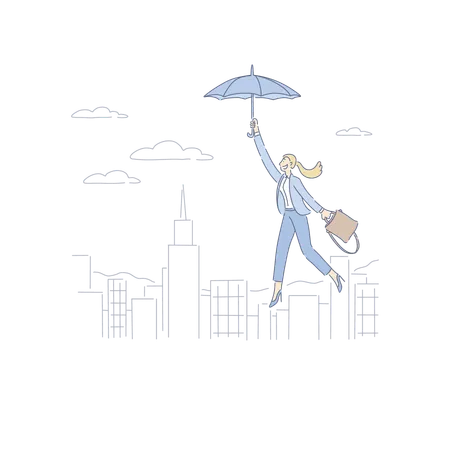 Woman Floating On Umbrella Over City  Illustration
