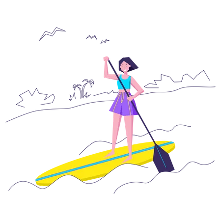 Woman floats on board on waves Illustration