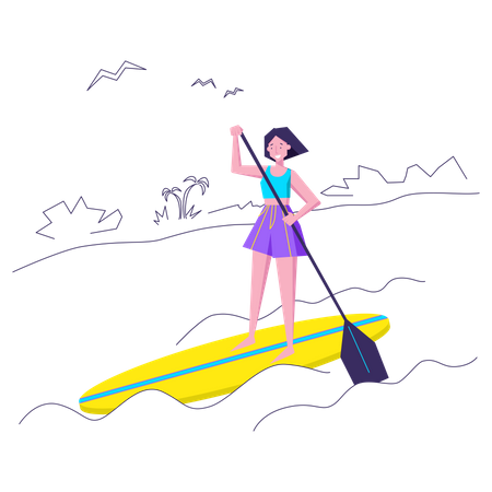 Woman floats on board on waves  Illustration