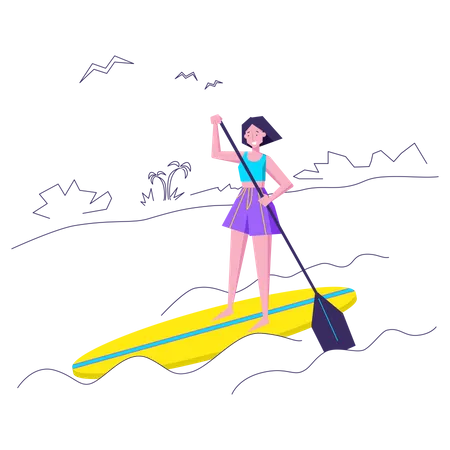 Woman floats on board on waves  Illustration