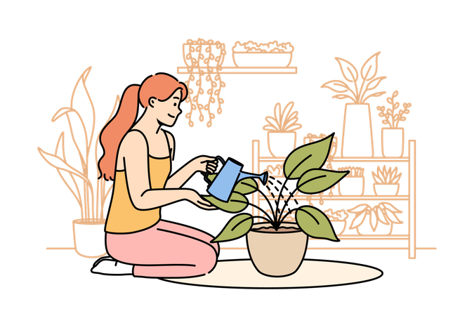 Woman florist grows houseplants to decorate own apartment and waters flower while sitting on floor  Illustration
