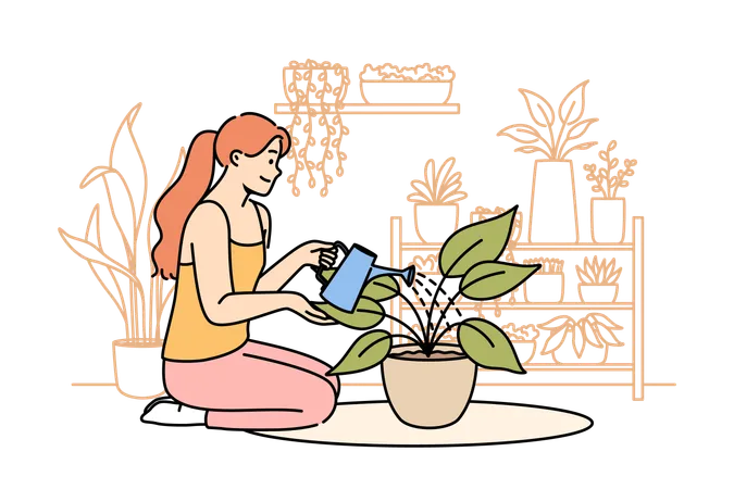 Woman Florist Grows Houseplants To Decorate Own Apartment Waters Flower Sitting On Floor Girl Breeds Houseplants Being Interested In Botany And Enjoying Presence Of Homemade Flowers In House Illustration