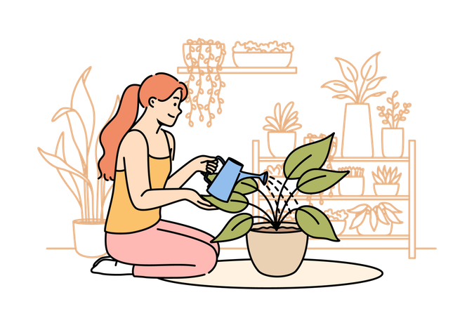 Woman florist grows houseplants to decorate own apartment and waters flower while sitting on floor  일러스트레이션