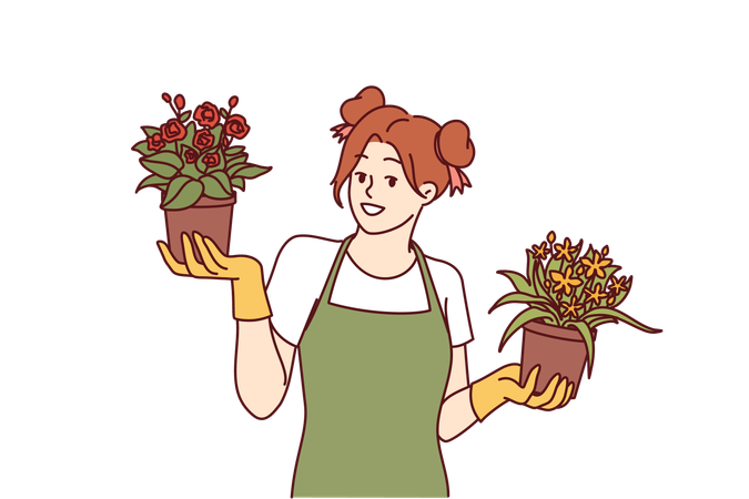 Woman florist offers flower pots  Illustration
