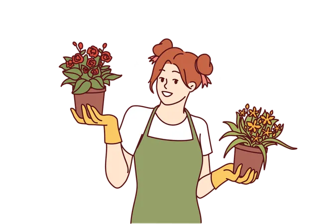 Woman florist offers flower pots  Illustration