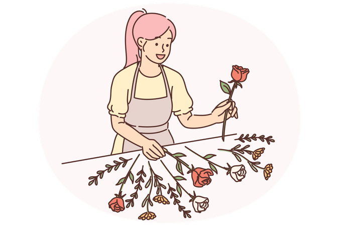 Woman florist stands near table with flowers collecting beautiful bouquet for wedding gift to bride  Illustration