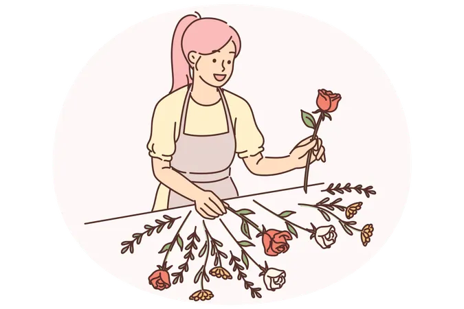 Woman florist stands near table with flowers collecting beautiful bouquet for wedding gift to bride  Illustration