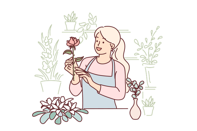 Woman florist works in flower shop  イラスト