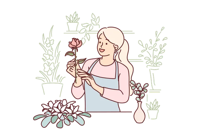 Woman Florist Works In Flower Shop Composing Beautiful Festive Bouquets For Customers Happy Girl In Apron Makes Career As Seller Or Florist Standing Behind Counter And Holding Rose In Hand Illustration