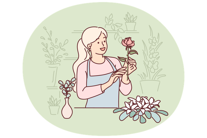 女性の花屋は花屋で働き、顧客のために美しいお祝いの花束を作っています。  イラスト