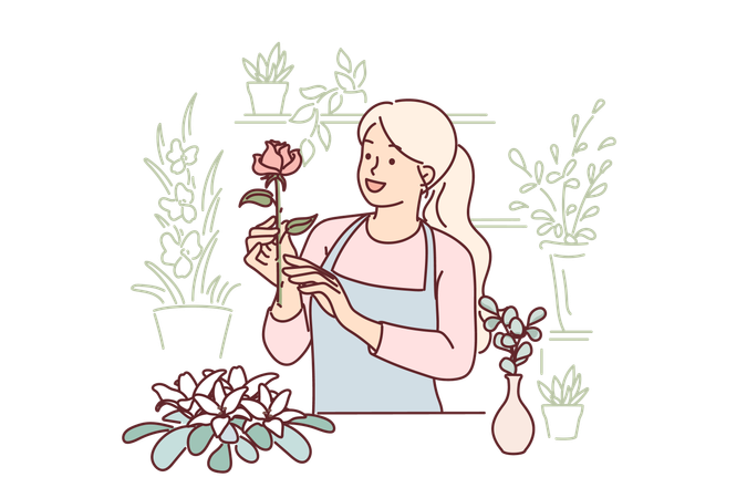 Woman florist works in flower shop  Illustration