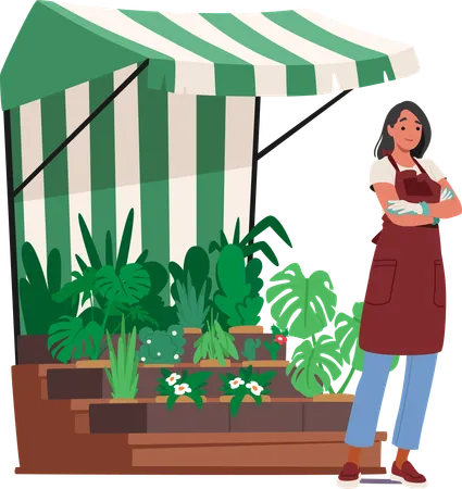Woman Florist Character In An Apron And Garden Gloves Arms Crossed Stands Proudly At Her Gardener Market Stall Surrounded By A Vibrant Array Of Plants For Sale Cartoon People Vector Illustration イラスト