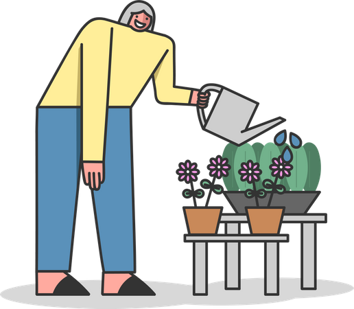 Woman flowering plants with watering can Illustration
