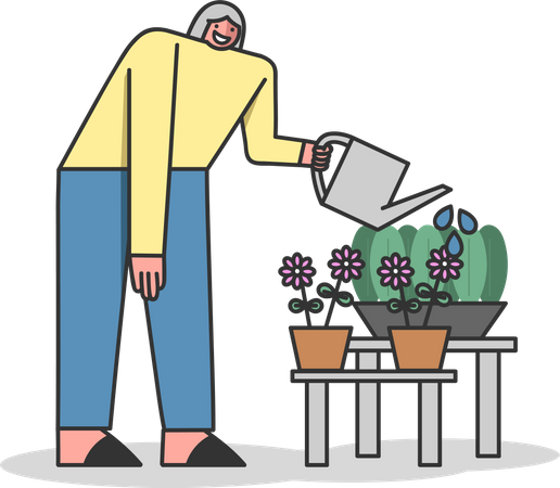 Woman flowering plants with watering can  Illustration