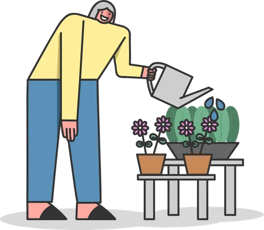 Woman flowering plants with watering can  Illustration