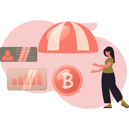 Woman flying bitcoin with parachute  Illustration