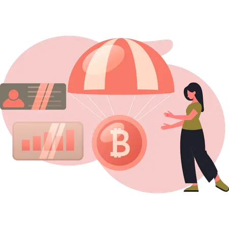 Woman flying bitcoin with parachute  Illustration