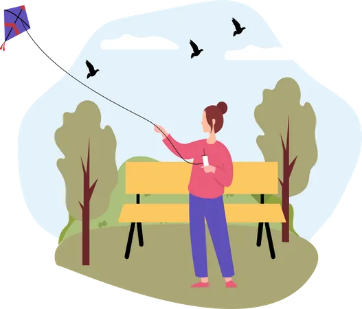 Woman flying kite Illustration