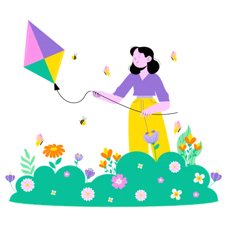 Woman flying kite in spring season  Illustration