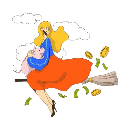 Woman flying on broomstick with piggy bank in her hands  Illustration