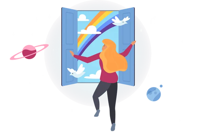 Step Into Fantasy World Freedom And Hope Forward Vector Illustration Cartoon Woman Flying Alone In Universe Among Stars And Planets To Open Door To Heaven Blue Sky Rainbow And Doves In Doorway Illustration