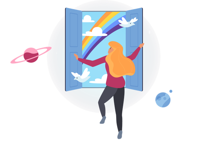 Woman flying to open door to heaven  Illustration